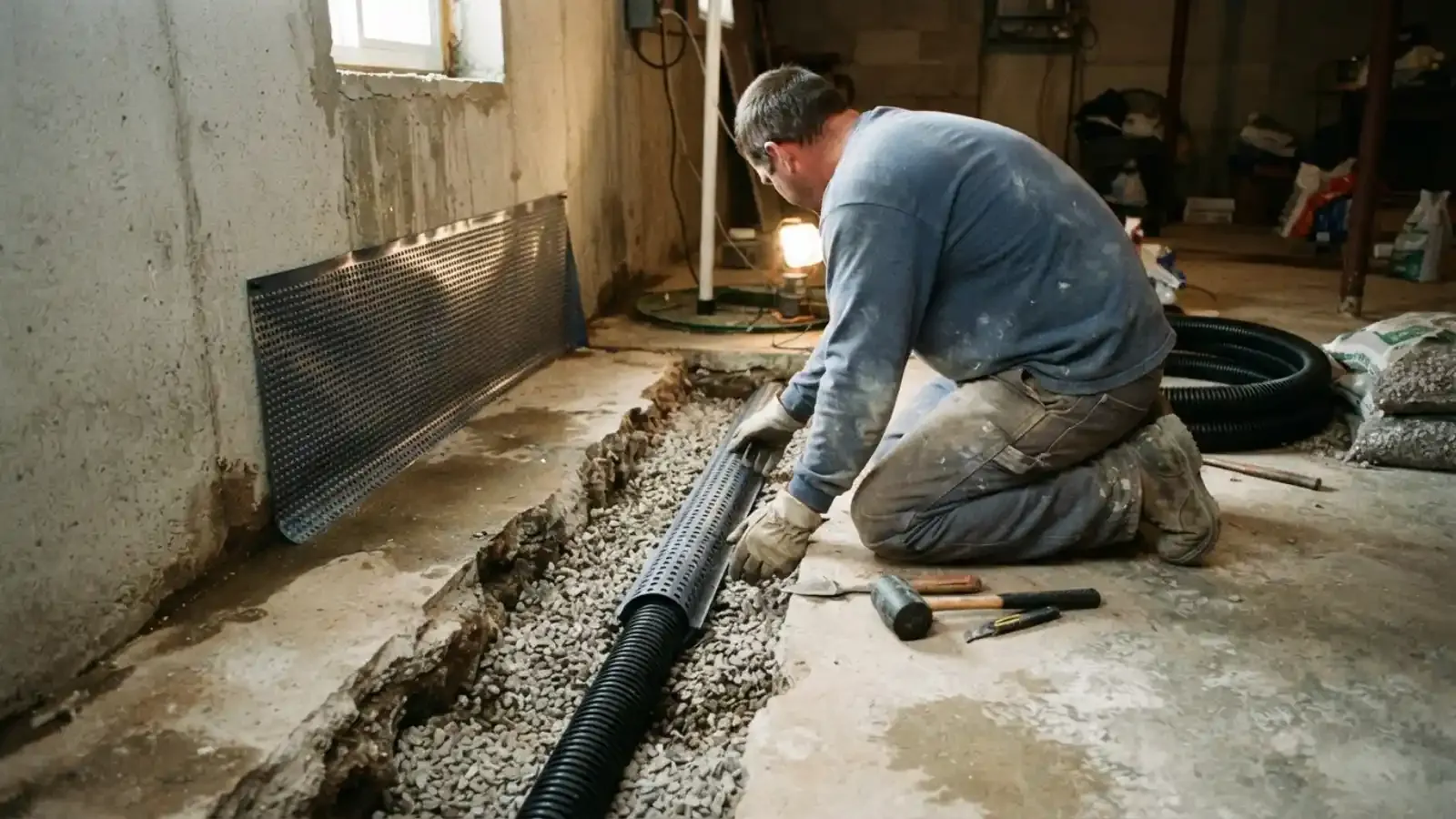 Basement wall and floor with interior waterproofing and drainage work