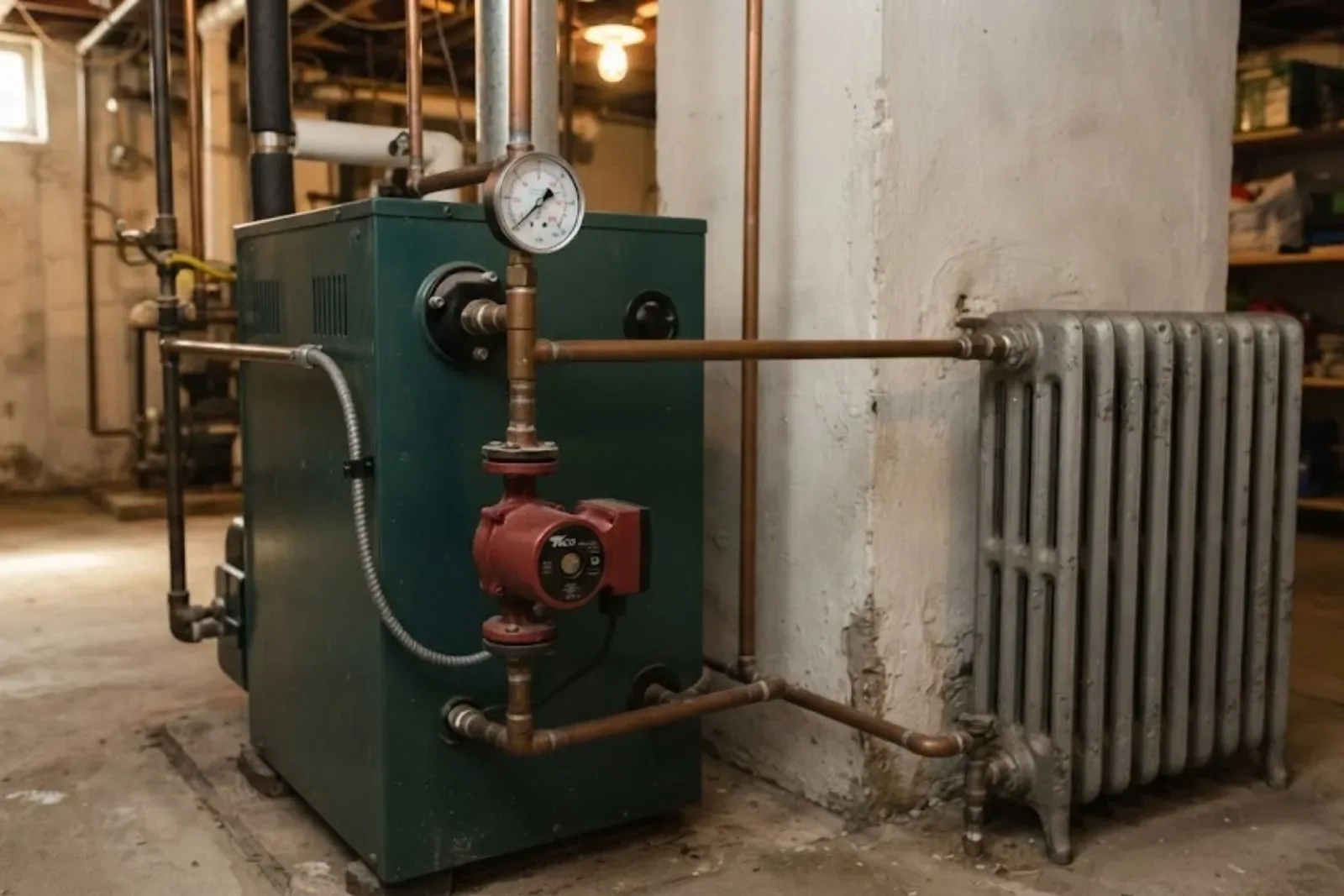Older residential boiler in a basement with pressure gauge, piping and a radiator