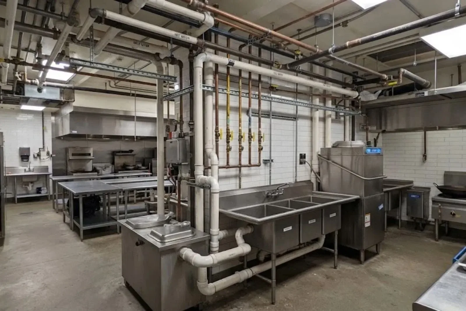 Commercial kitchen with stainless steel sinks and overhead piping