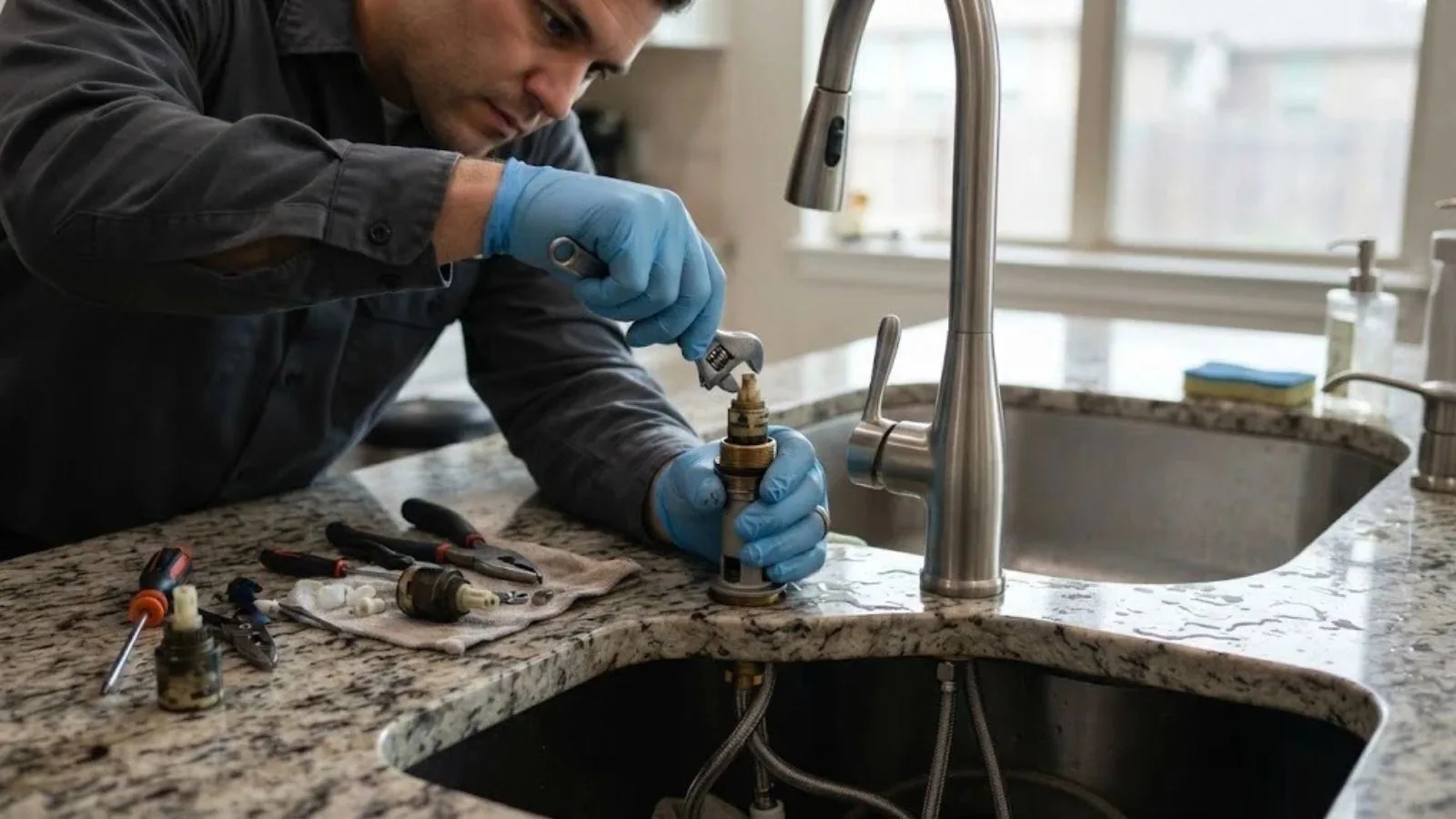 Technician in gloves replacing parts on a kitchen faucet at the sink