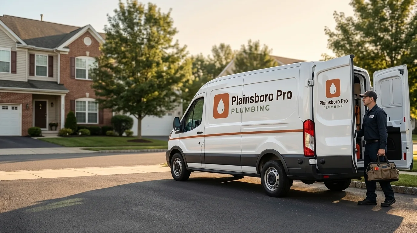 Plainsboro Pro Plumbing van with its rear doors open and a plumber holding a tool bag outside a suburban home