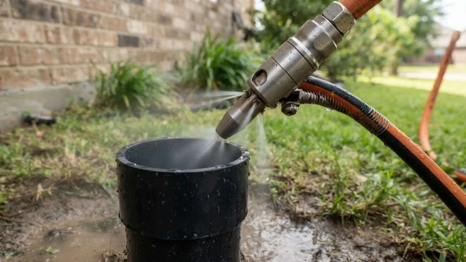 Hydro-jetting hose and nozzle feeding into a sewer cleanout