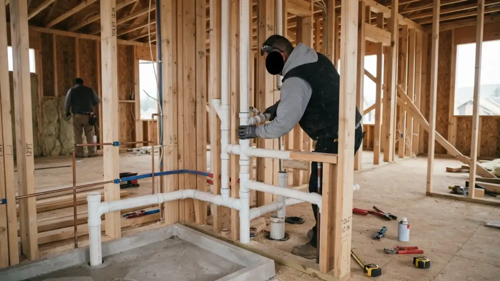 Plumber working on drain and supply piping in an open framed wall