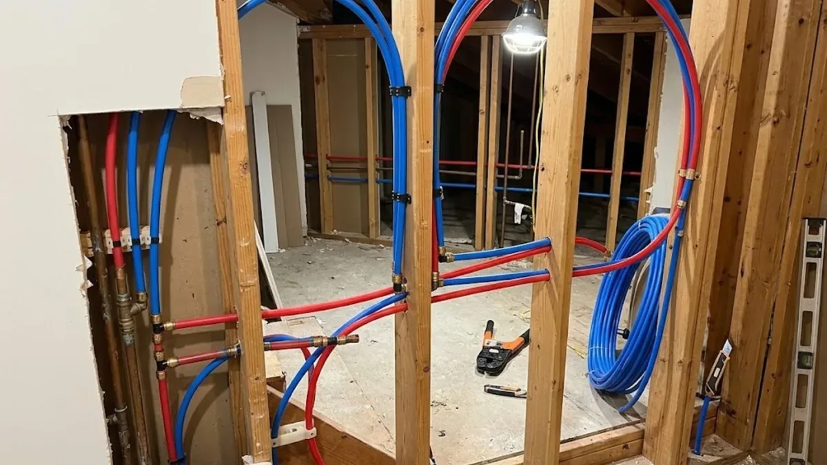 Red and blue PEX lines run through open wall studs during a repipe