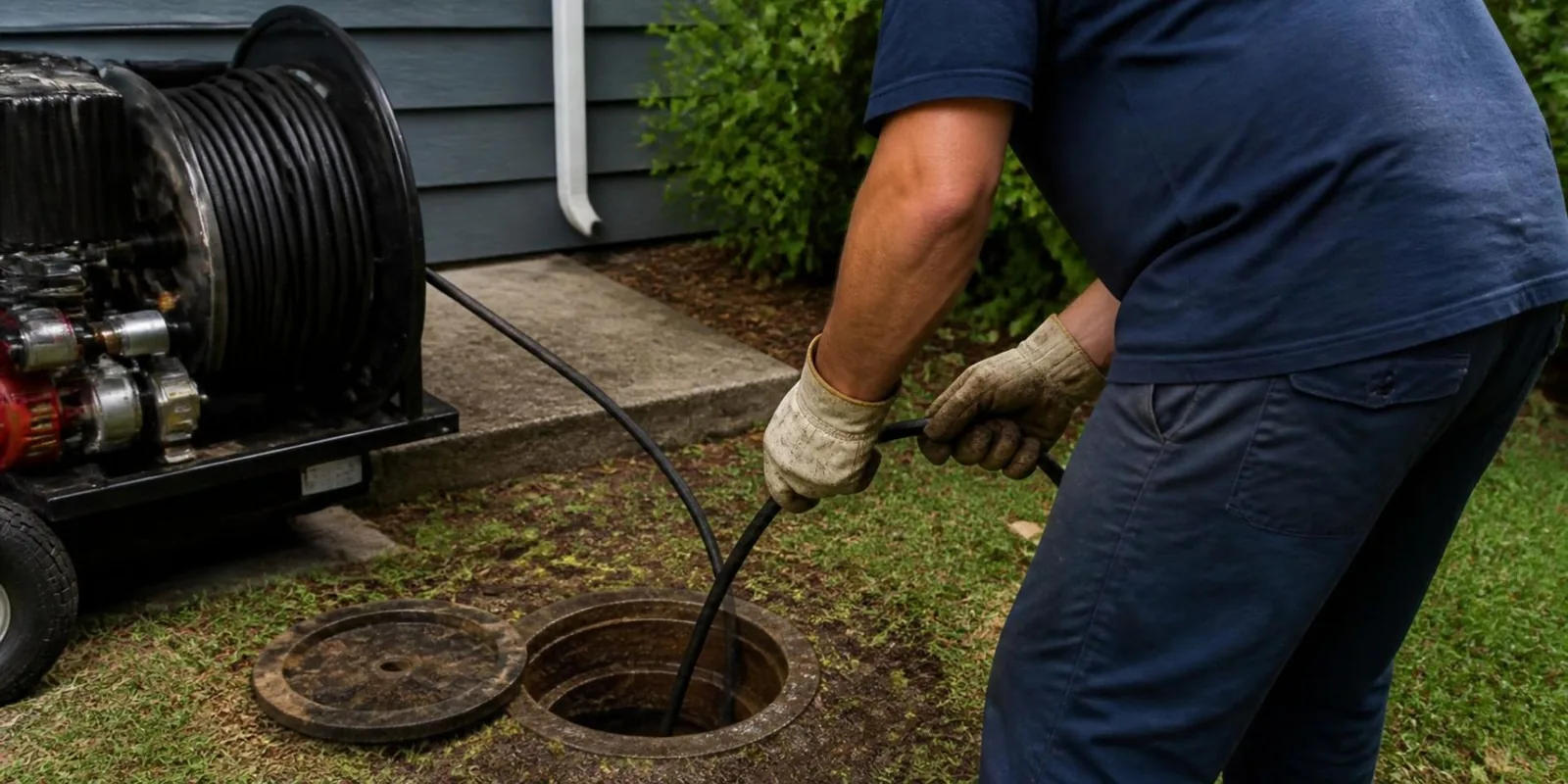 Drain cleaning machine with cable set up at an outdoor sewer cleanout beside a house