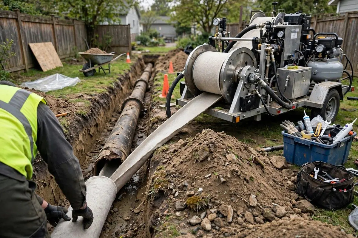 Open trench in a yard exposing a sewer pipe for repair