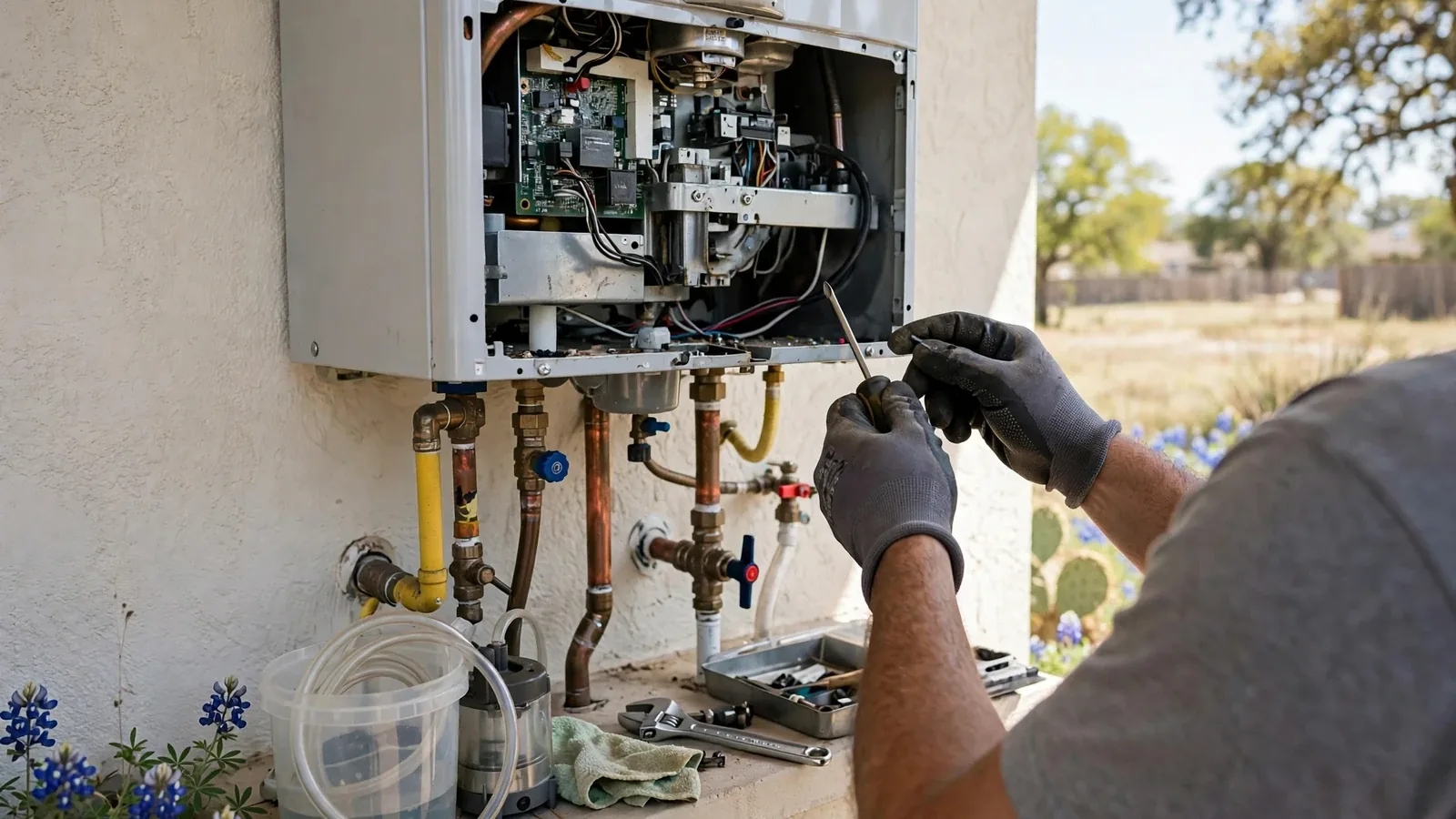 Technician servicing a wall-mounted tankless water heater and its water lines
