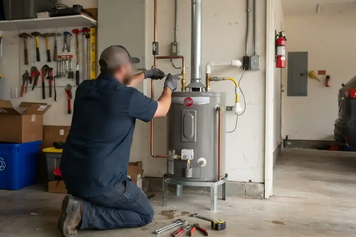 Plumber kneeling at a tank water heater in a garage with tools on the floor