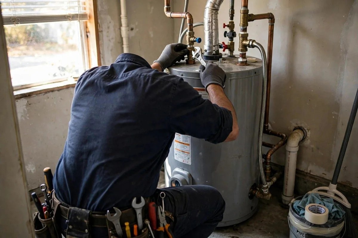 Plumber crouched beside a tank water heater servicing the unit